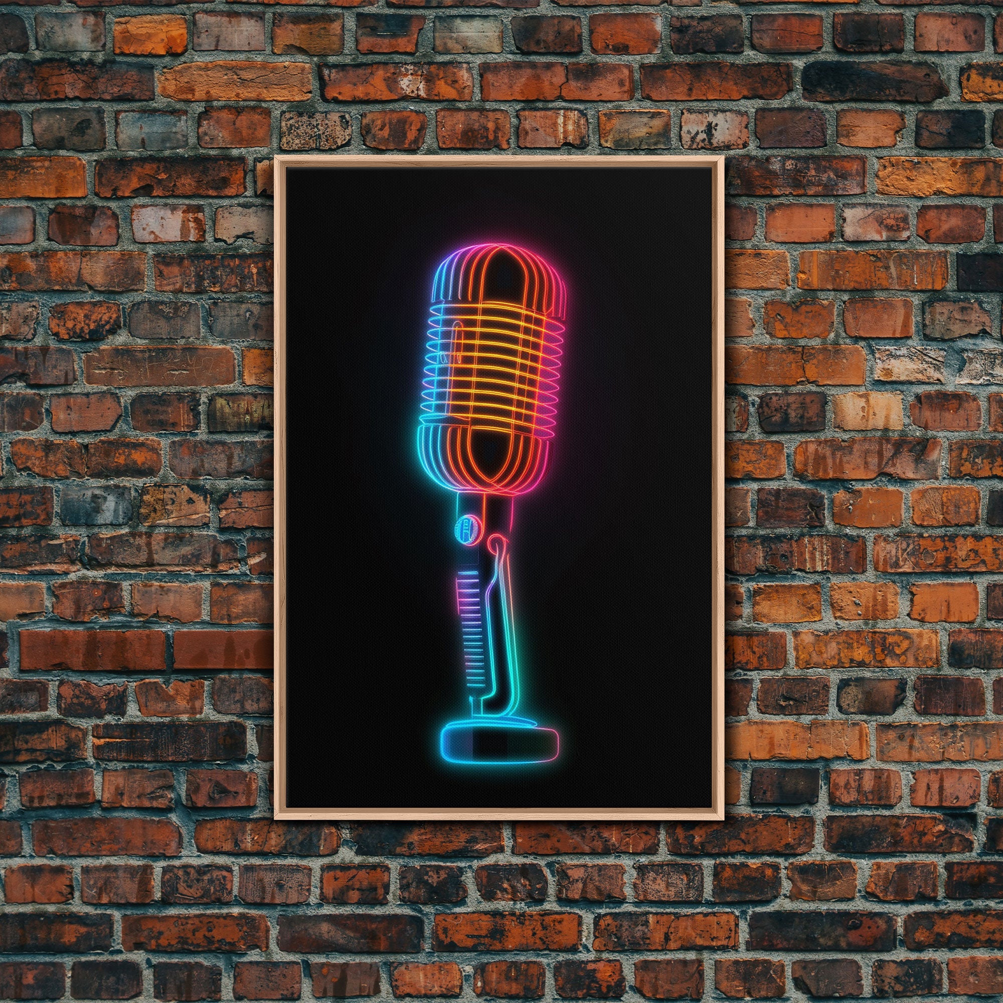 Neon Lights Retro Microphone Wall Art, Vibrant Art, Music Room Wall Art, Minimalist Print, Wall Decor, Canvas Print, Wall Art, Framed Canvas
