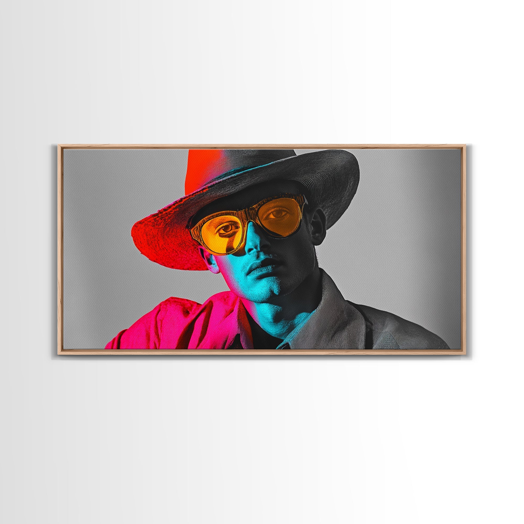 Retro Pop Portrait, Neon Style, Cowboy Glasses, Framed Canvas Print, Modern Pop Art, Color Splash Decor, Bedroom Wall Art, Urban Art
