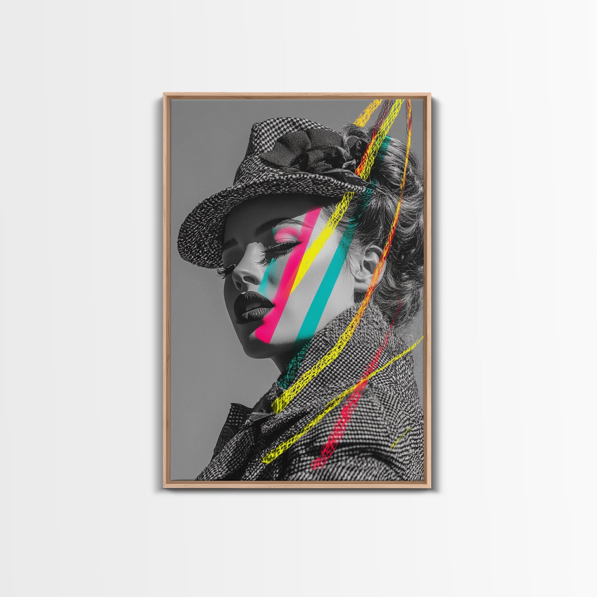 Neon Pop Portrait, Retro Beauty Art, Color Splash Face, Urban Fashion, Framed Canvas Print, modern glam wall art, studio decor