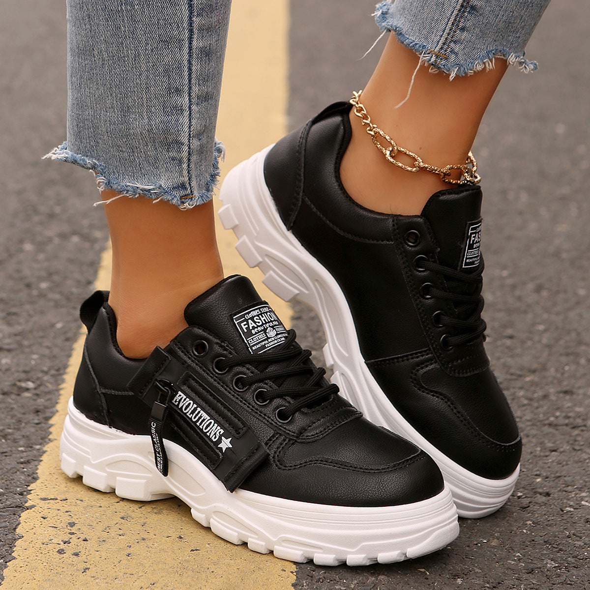 Women's Lace-Up Sneakers with Side Zipper | Thick Sole Round Toe Casual Sports Shoes