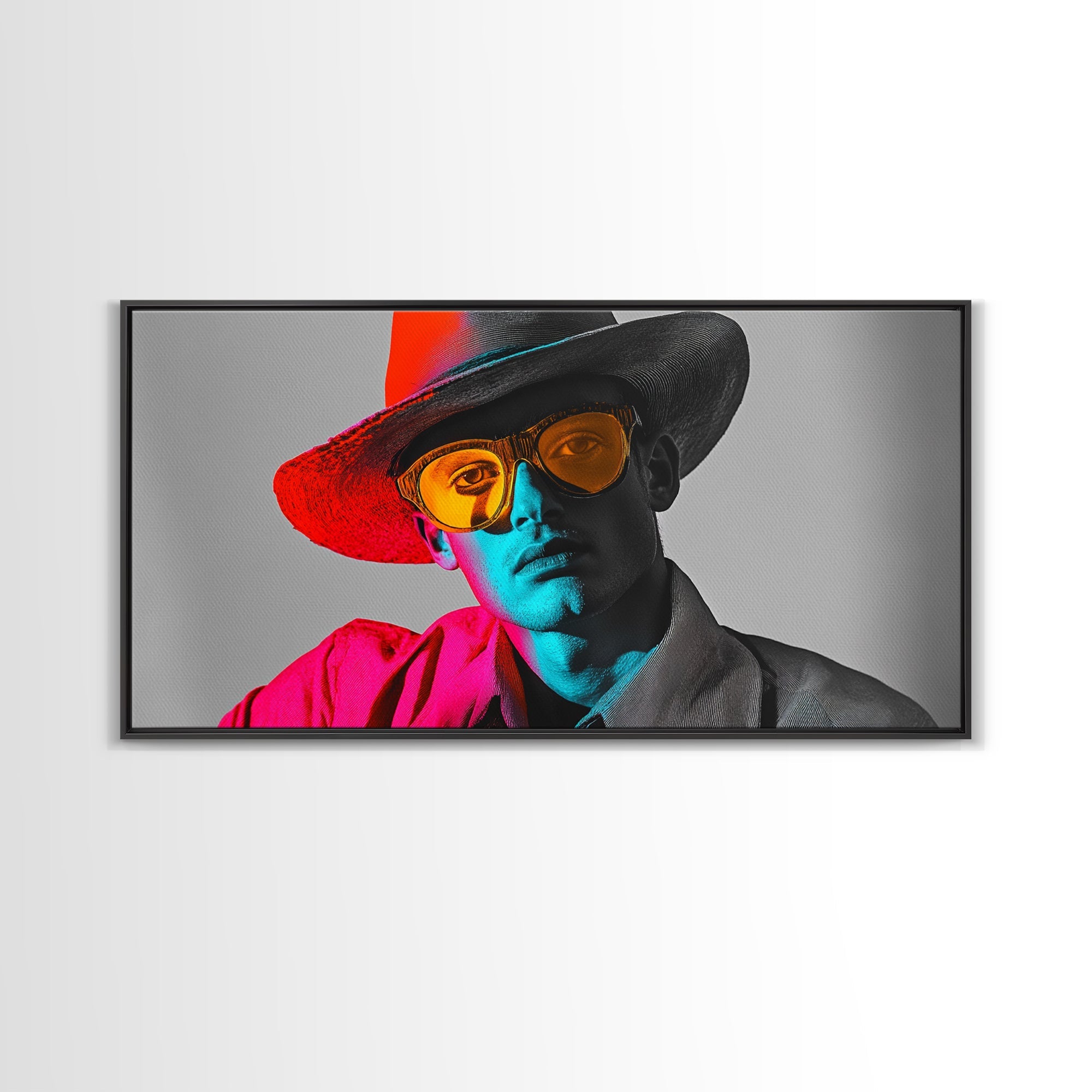 Retro Pop Portrait, Neon Style, Cowboy Glasses, Framed Canvas Print, Modern Pop Art, Color Splash Decor, Bedroom Wall Art, Urban Art