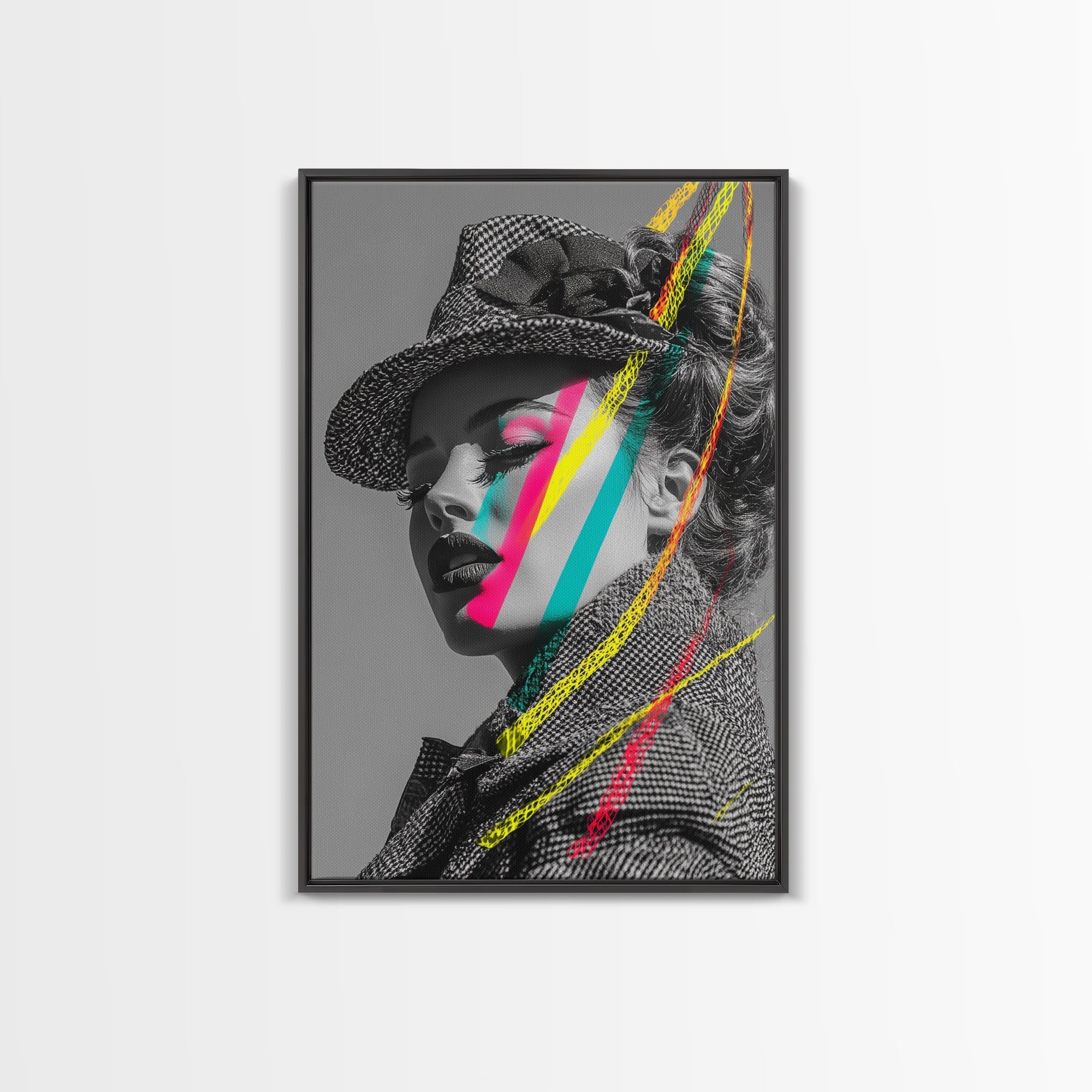Neon Pop Portrait, Retro Beauty Art, Color Splash Face, Urban Fashion, Framed Canvas Print, modern glam wall art, studio decor