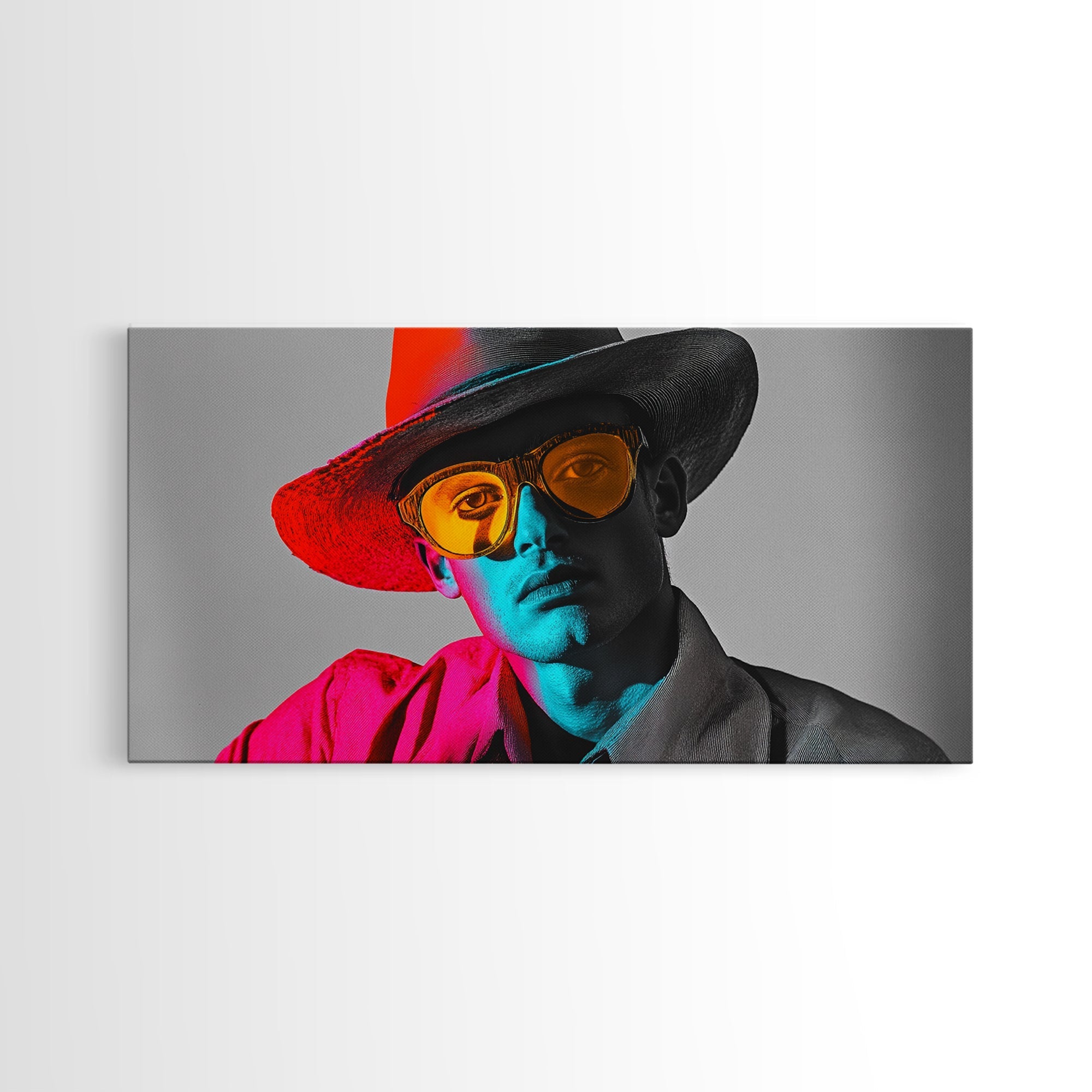 Retro Pop Portrait, Neon Style, Cowboy Glasses, Framed Canvas Print, Modern Pop Art, Color Splash Decor, Bedroom Wall Art, Urban Art