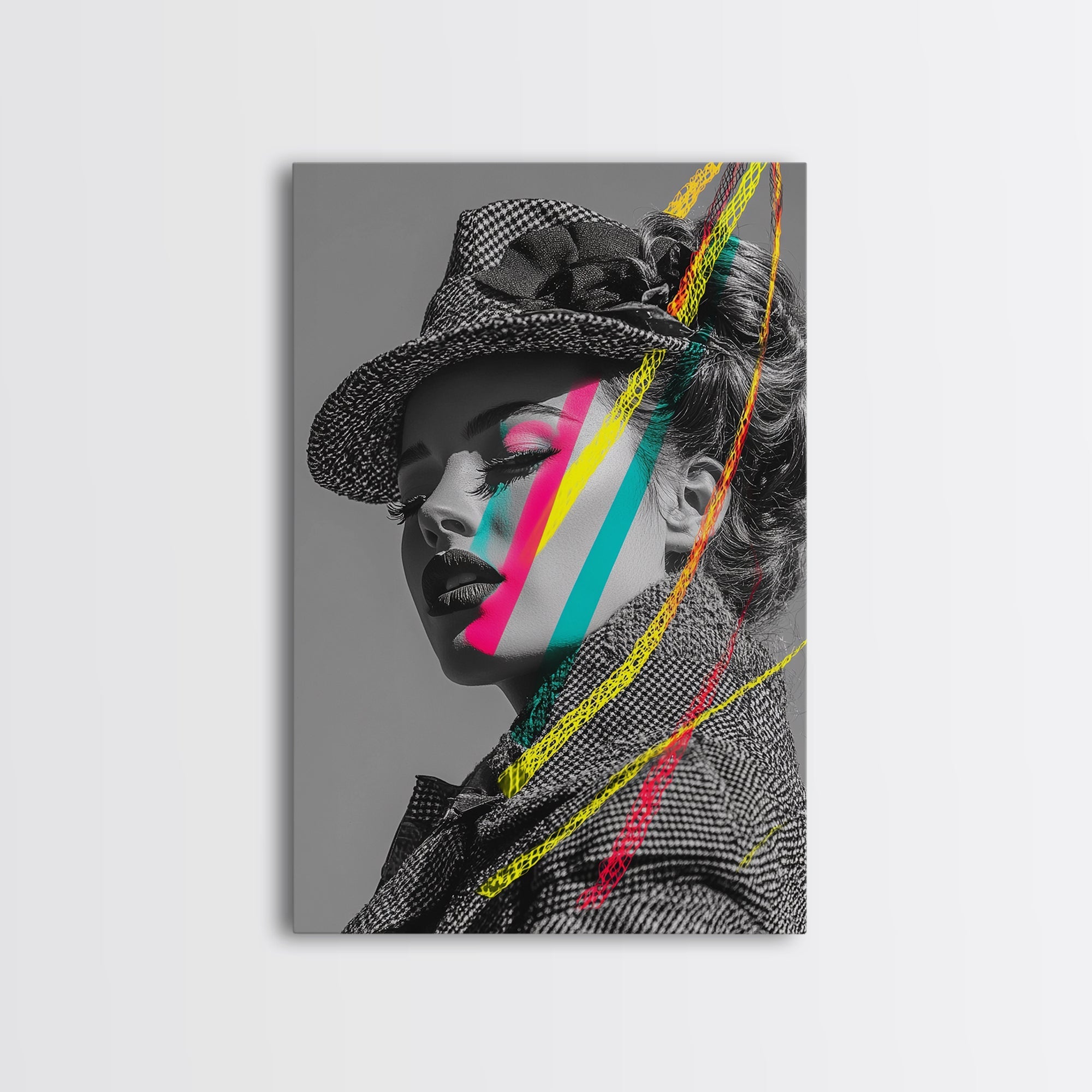 Neon Pop Portrait, Retro Beauty Art, Color Splash Face, Urban Fashion, Framed Canvas Print, modern glam wall art, studio decor
