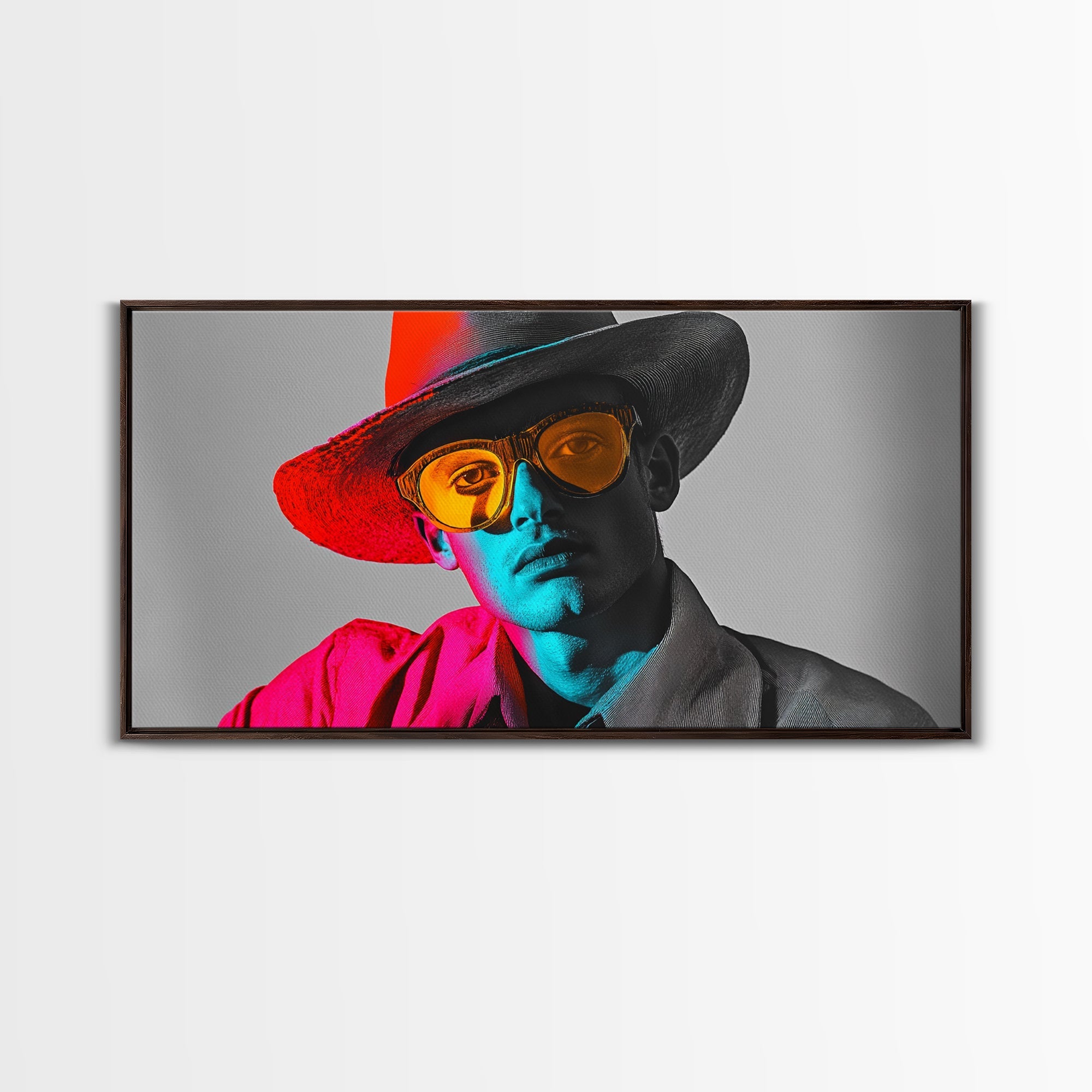 Retro Pop Portrait, Neon Style, Cowboy Glasses, Framed Canvas Print, Modern Pop Art, Color Splash Decor, Bedroom Wall Art, Urban Art