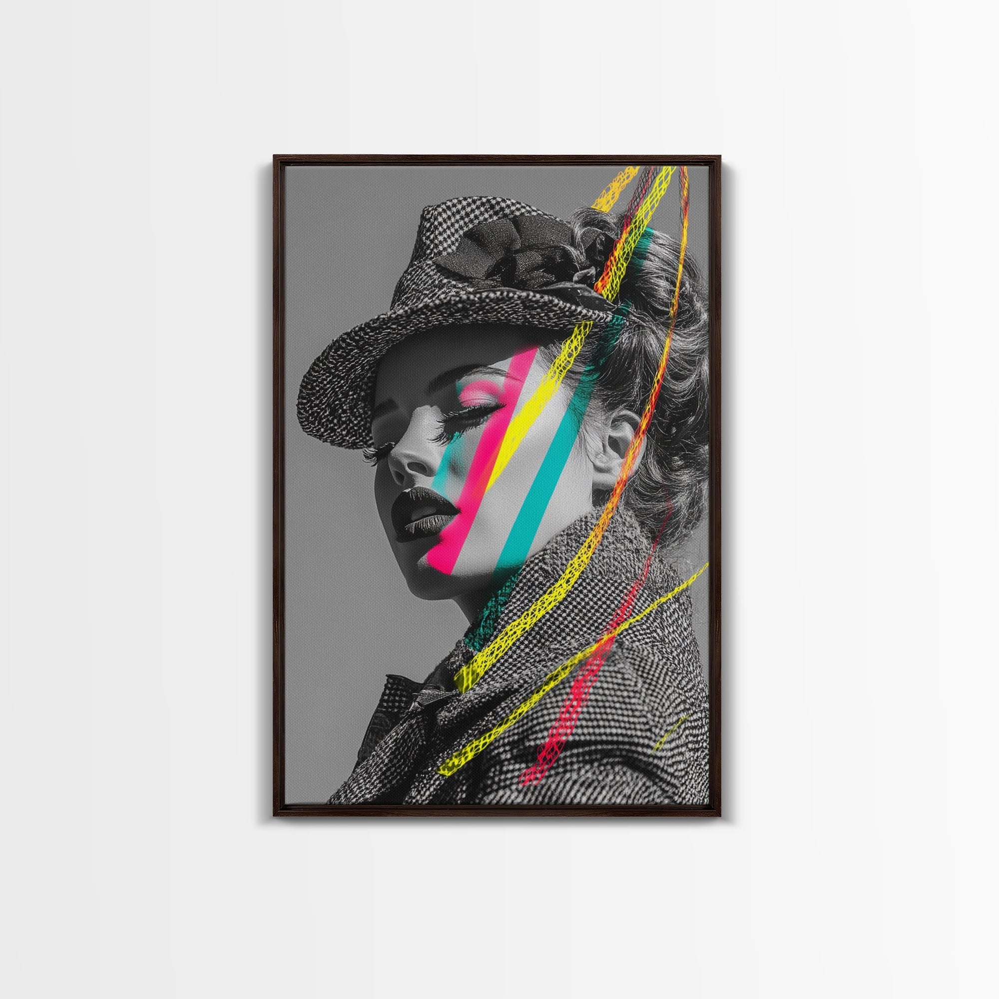Neon Pop Portrait, Retro Beauty Art, Color Splash Face, Urban Fashion, Framed Canvas Print, modern glam wall art, studio decor