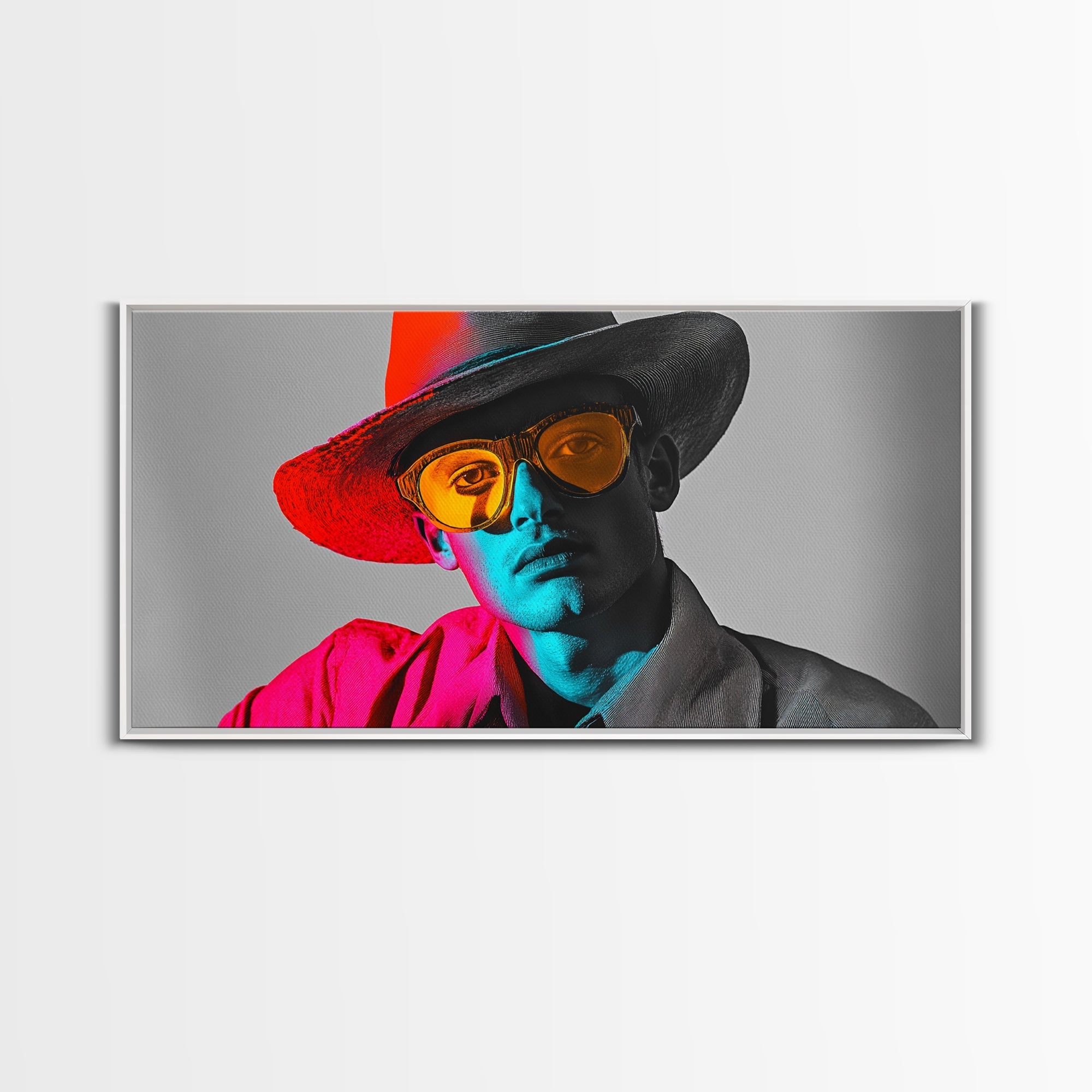 Retro Pop Portrait, Neon Style, Cowboy Glasses, Framed Canvas Print, Modern Pop Art, Color Splash Decor, Bedroom Wall Art, Urban Art