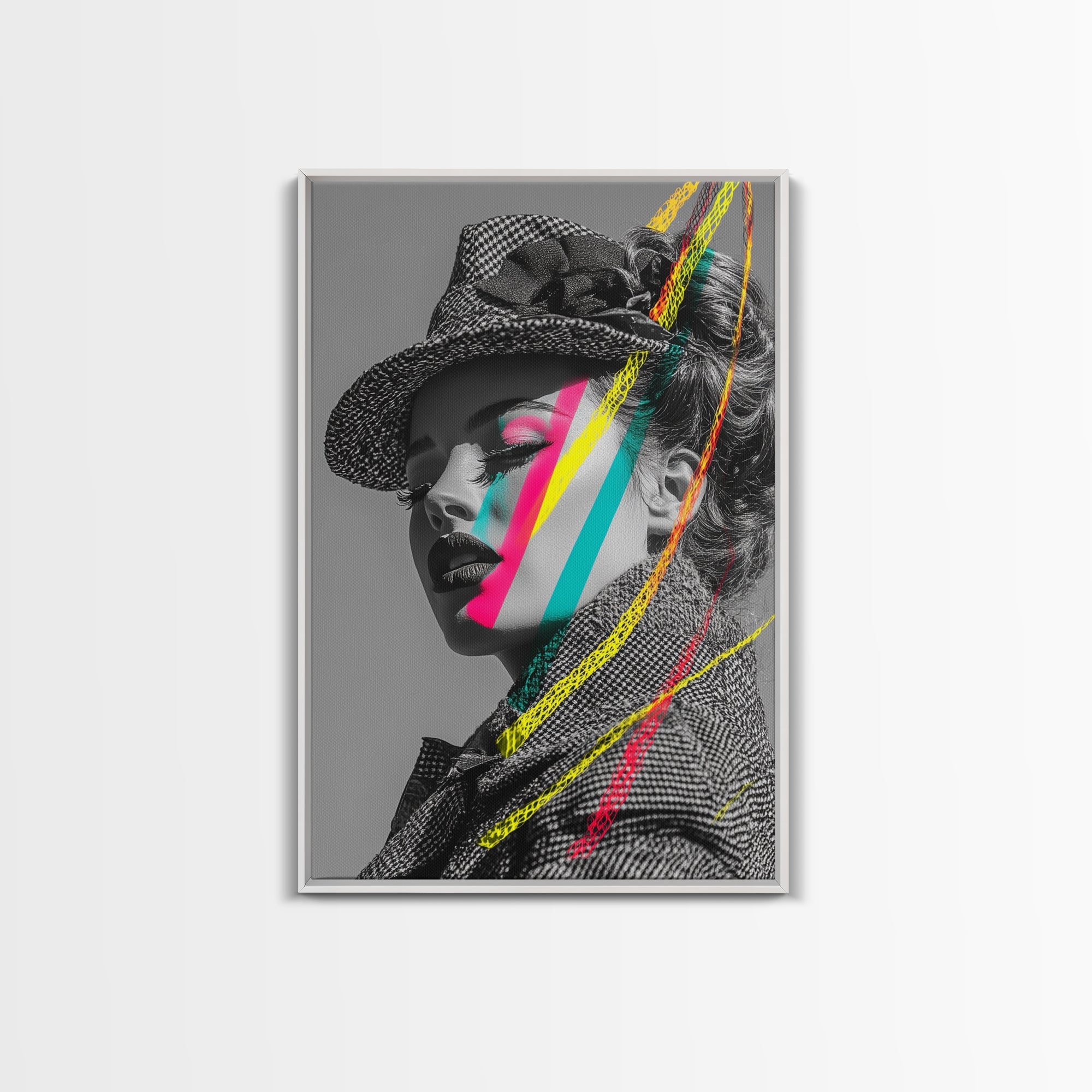 Neon Pop Portrait, Retro Beauty Art, Color Splash Face, Urban Fashion, Framed Canvas Print, modern glam wall art, studio decor