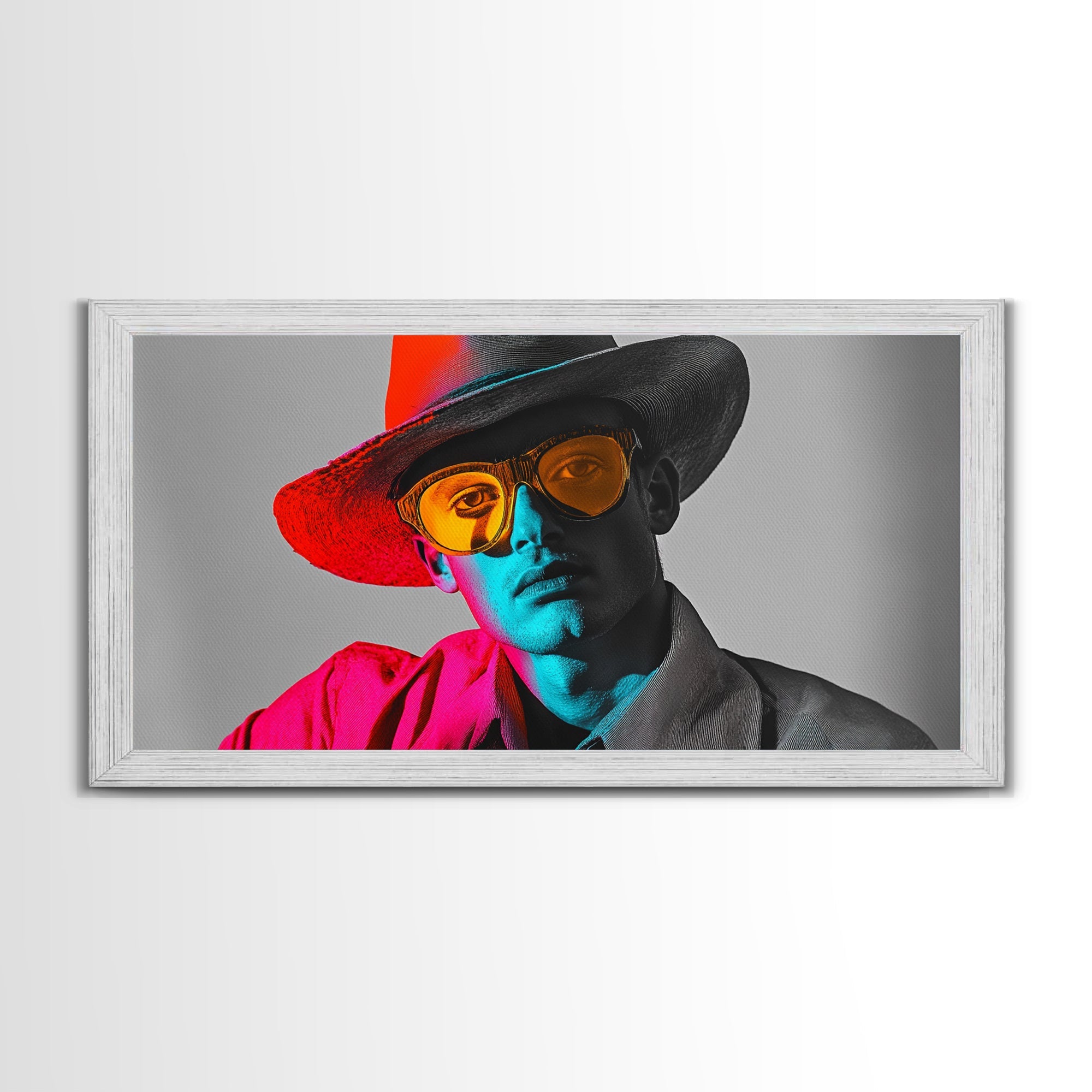 Retro Pop Portrait, Neon Style, Cowboy Glasses, Framed Canvas Print, Modern Pop Art, Color Splash Decor, Bedroom Wall Art, Urban Art