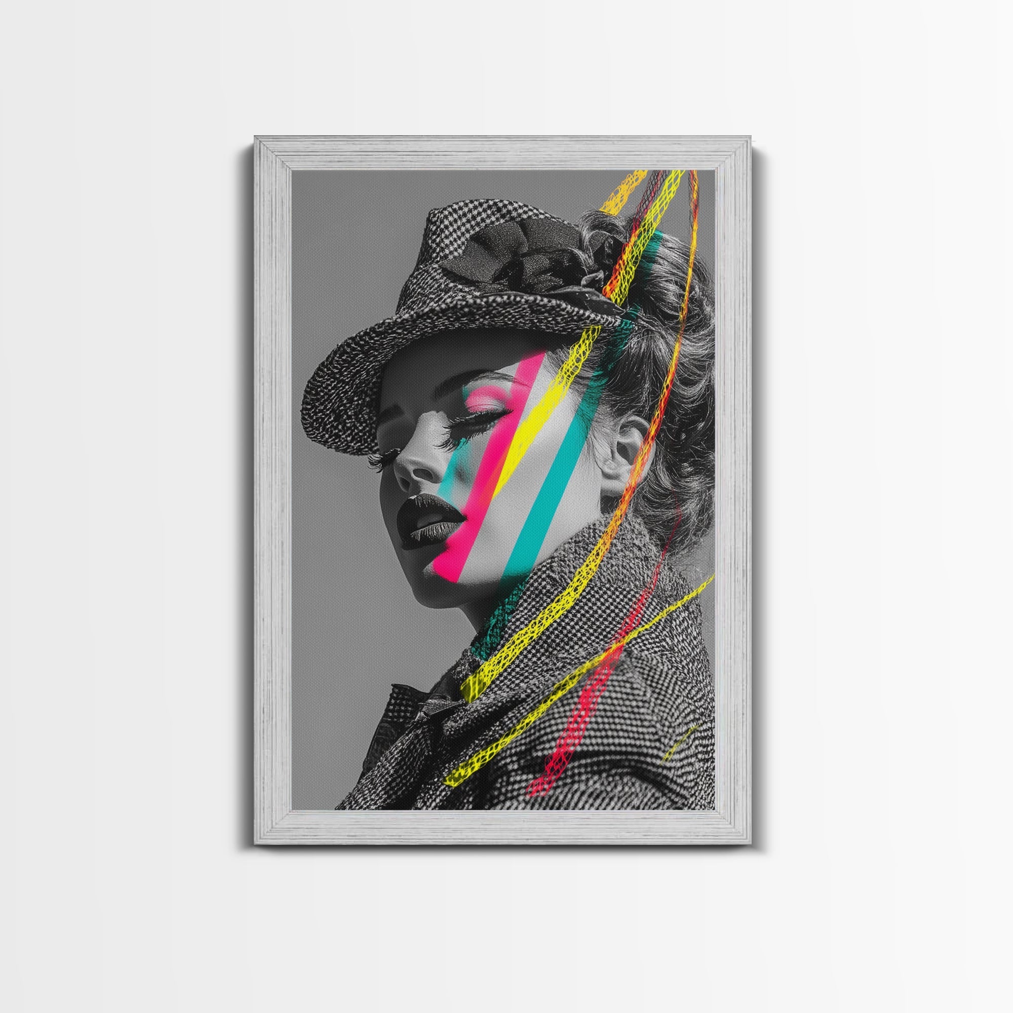 Neon Pop Portrait, Retro Beauty Art, Color Splash Face, Urban Fashion, Framed Canvas Print, modern glam wall art, studio decor