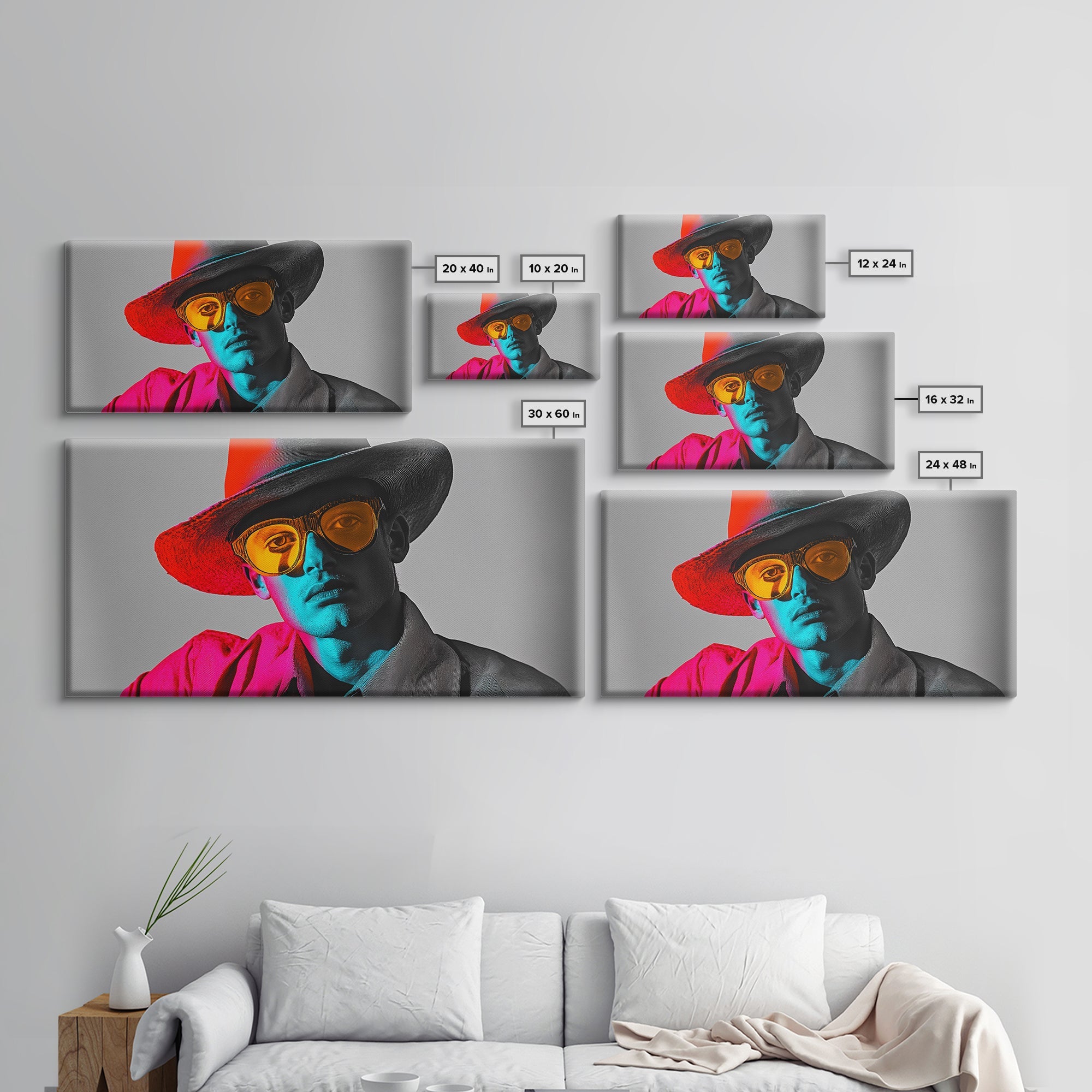 Retro Pop Portrait, Neon Style, Cowboy Glasses, Framed Canvas Print, Modern Pop Art, Color Splash Decor, Bedroom Wall Art, Urban Art