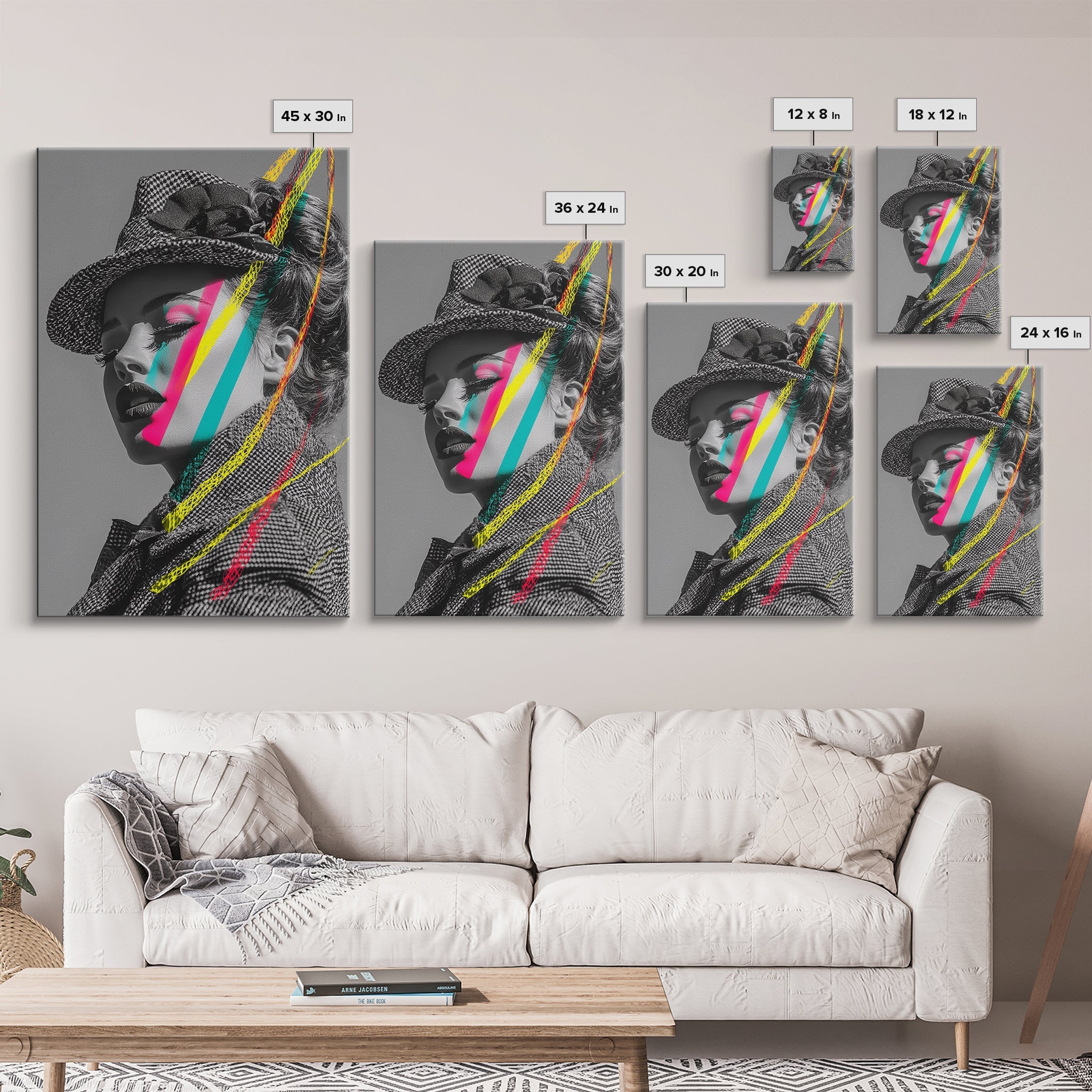 Neon Pop Portrait, Retro Beauty Art, Color Splash Face, Urban Fashion, Framed Canvas Print, modern glam wall art, studio decor