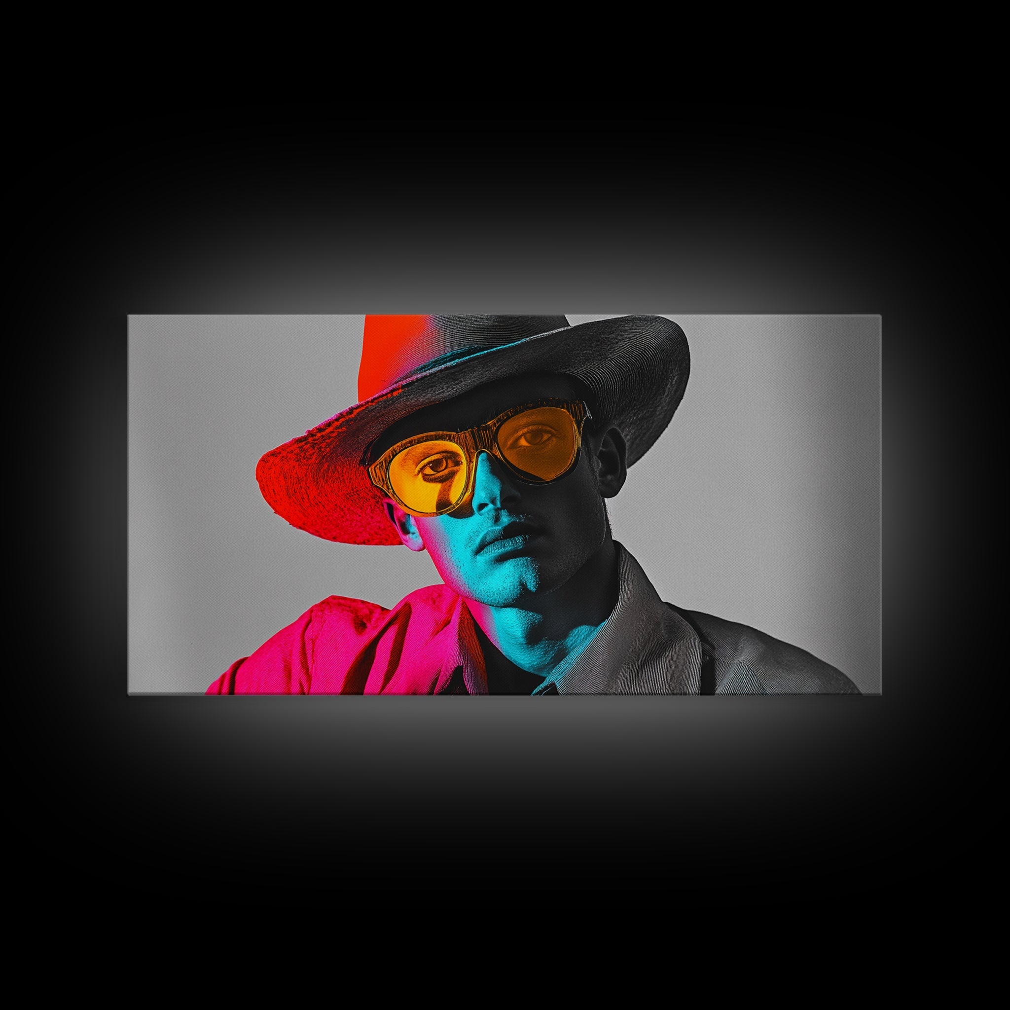 Retro Pop Portrait, Neon Style, Cowboy Glasses, Framed Canvas Print, Modern Pop Art, Color Splash Decor, Bedroom Wall Art, Urban Art