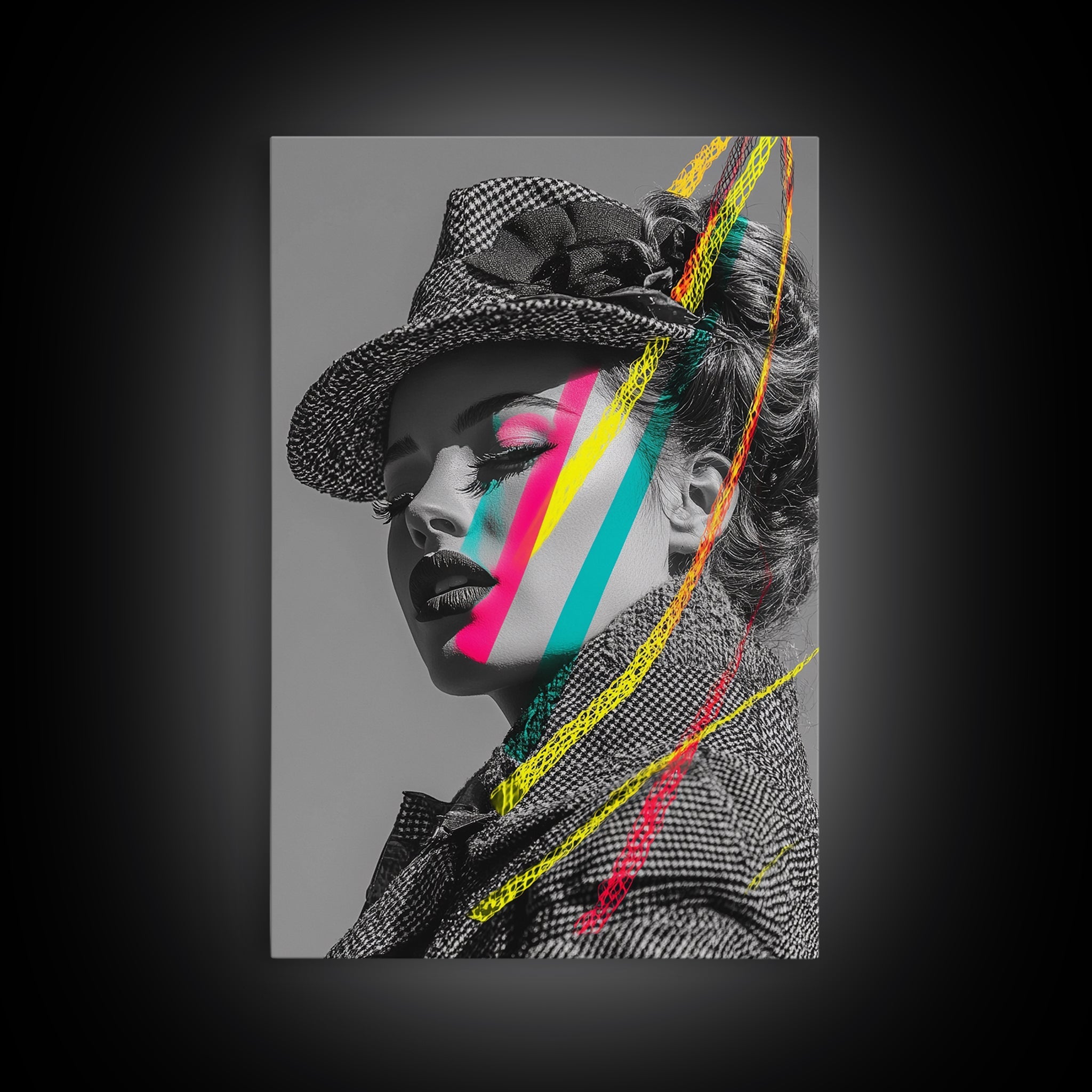Neon Pop Portrait, Retro Beauty Art, Color Splash Face, Urban Fashion, Framed Canvas Print, modern glam wall art, studio decor
