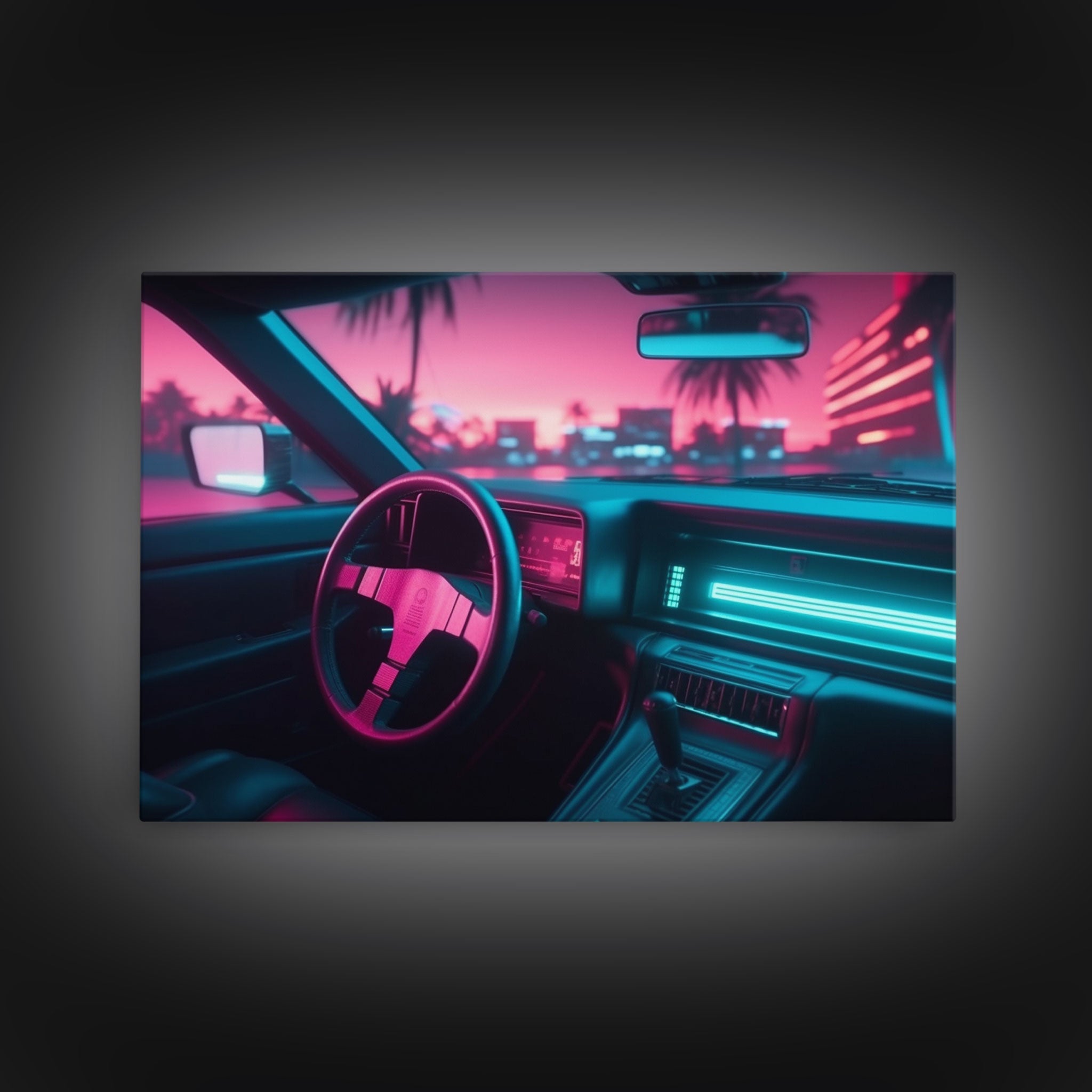 Car interior Wall Art | Framed Canvas Print | Living room art | Neon Lights | Outrun Style | Guest room art | Retro art | Beautiful Art