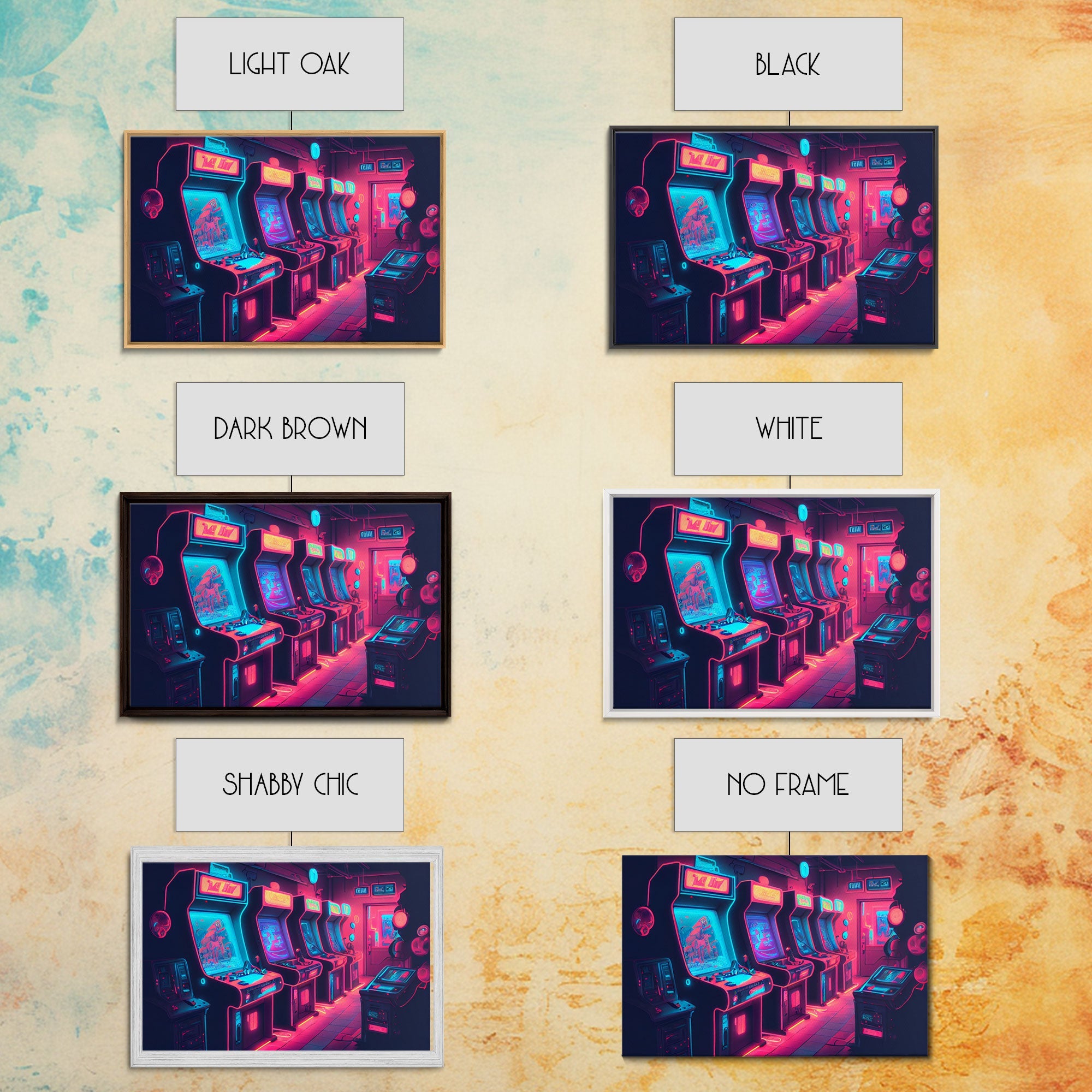 Synthwave Game Room Art, Neon retro 90s arcade room wall art, framed canvas print