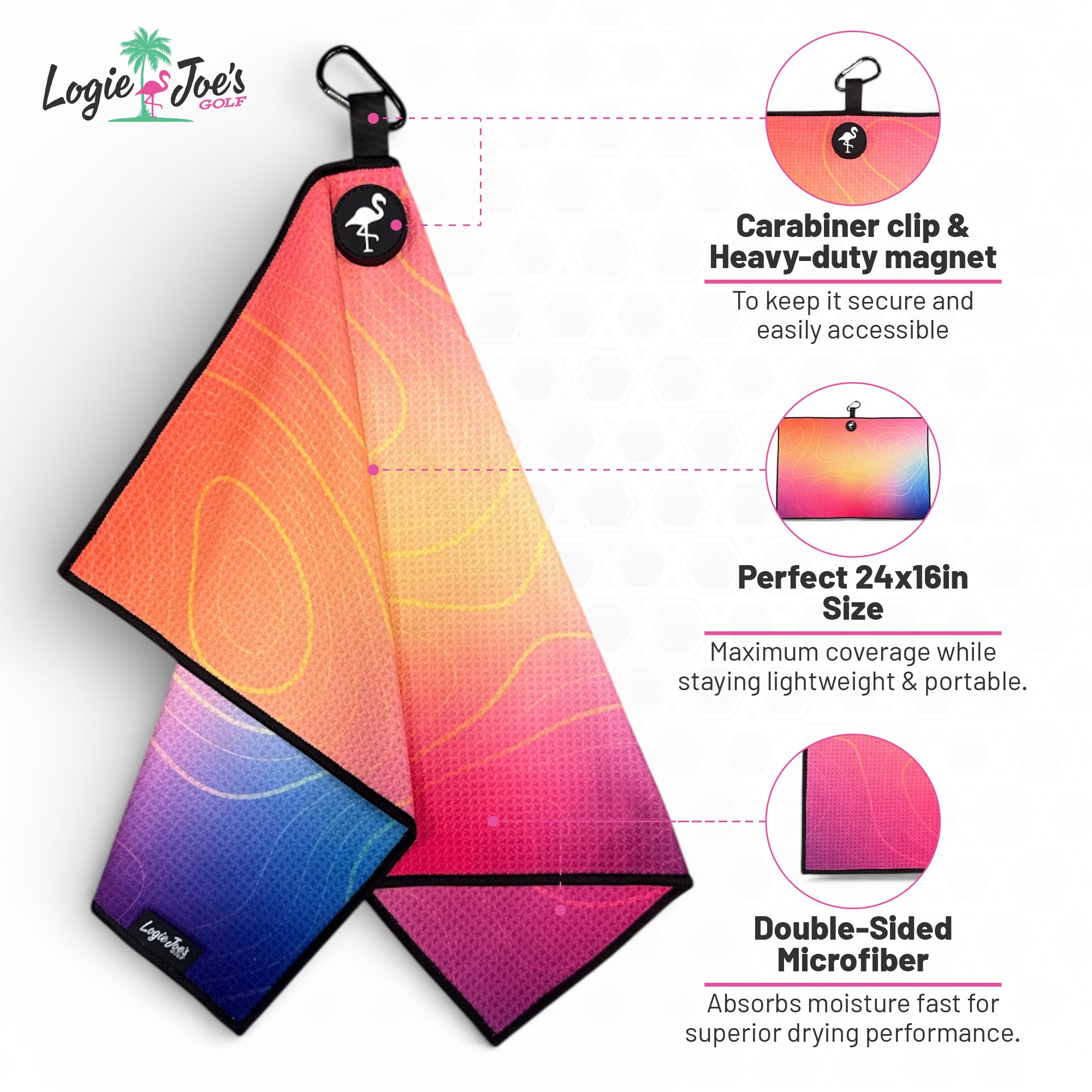 Peach Bellini Golf Towel | 24” x 16” Microfiber Towel | Magnetic Clip & Carabiner | Premium Golf Accessory