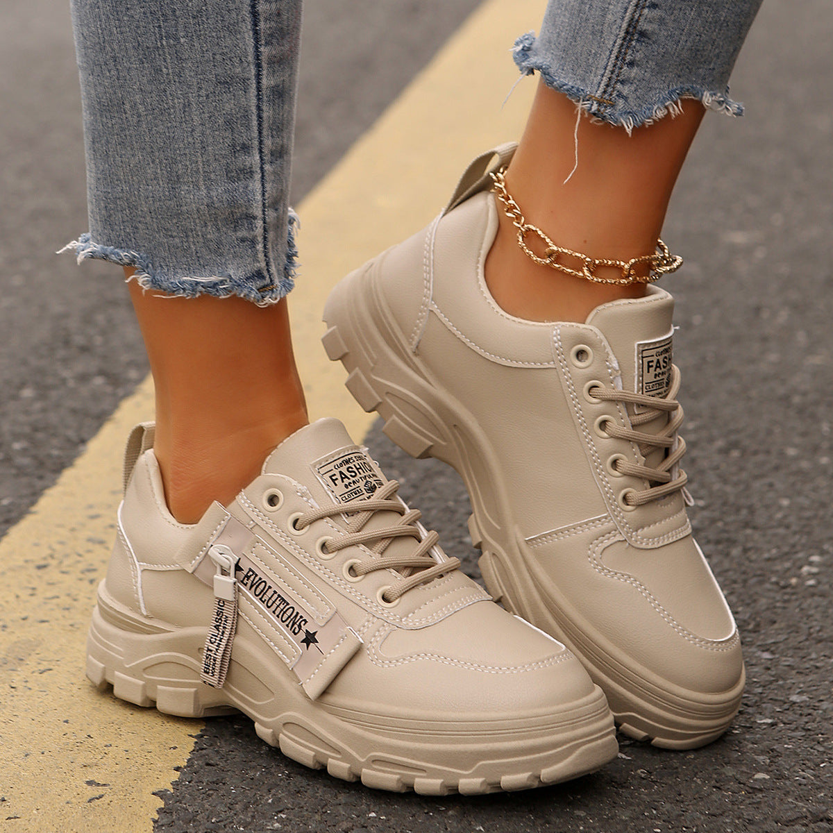 Women's Lace-Up Sneakers with Side Zipper | Thick Sole Round Toe Casual Sports Shoes