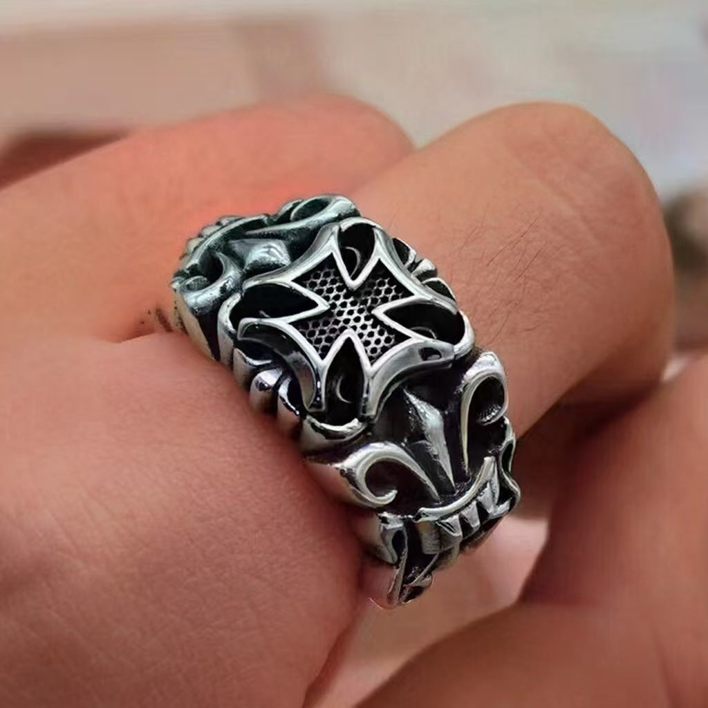 Vintage Maltese Cross Biker Ring, Two-Tone Gothic Adjustable Statement Band, Punk Rock Heavy Ring For Men