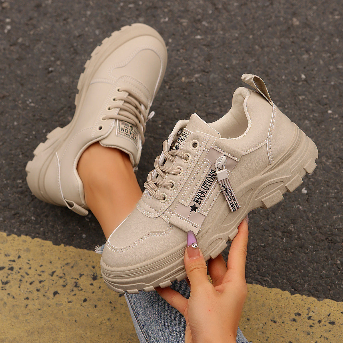 Women's Lace-Up Sneakers with Side Zipper | Thick Sole Round Toe Casual Sports Shoes
